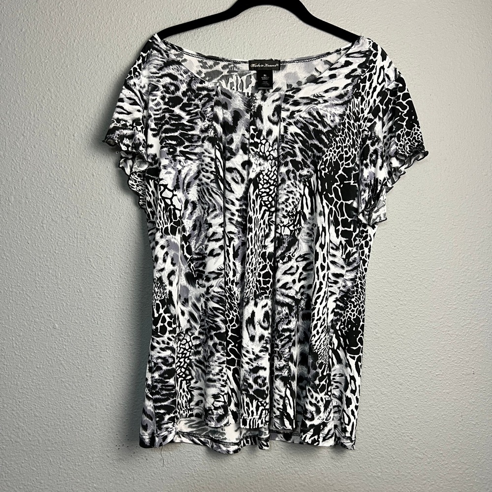 Made in‎ Heaven Womens Plus Size XL Black White Animal Print Tunic Top Shirt
